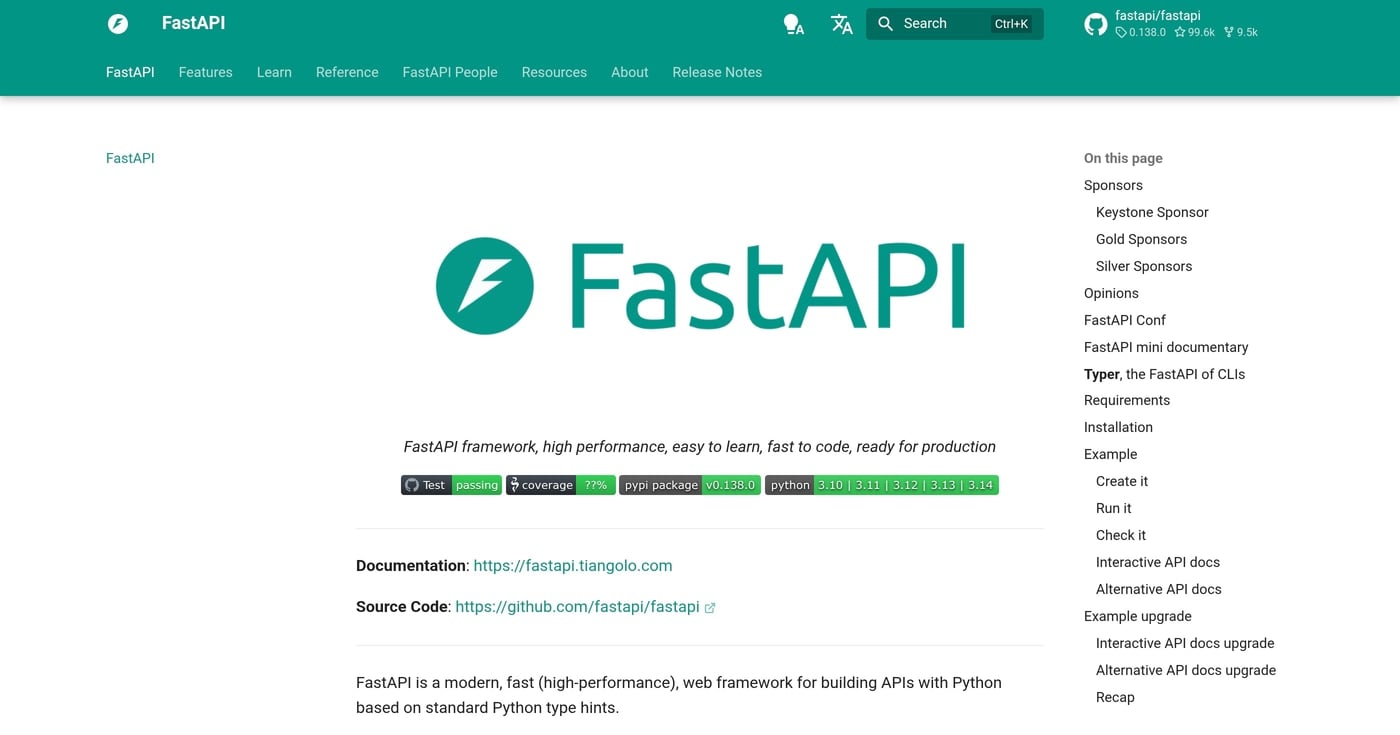 FastAPI homepage — Python ASGI web framework for building APIs