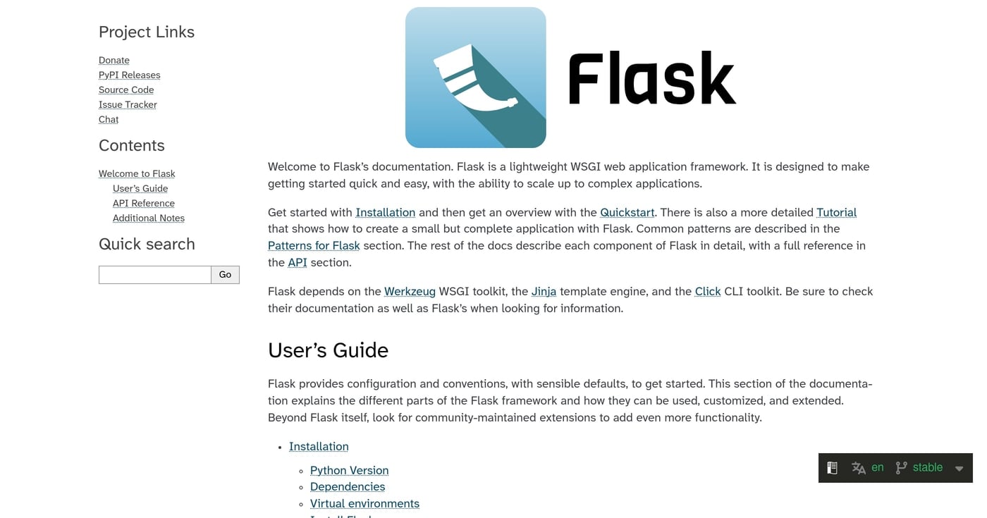 Flask homepage — Python WSGI micro-framework for web development