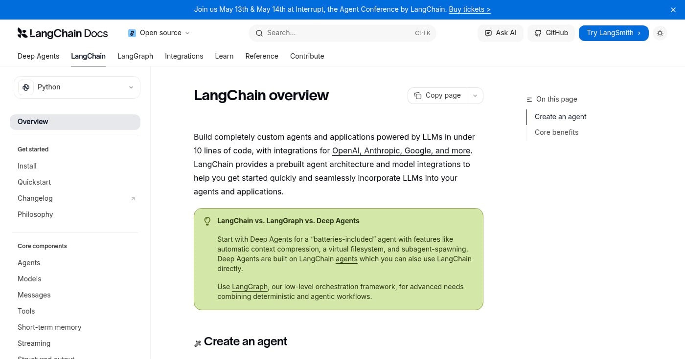 LangChain Python framework documentation interface