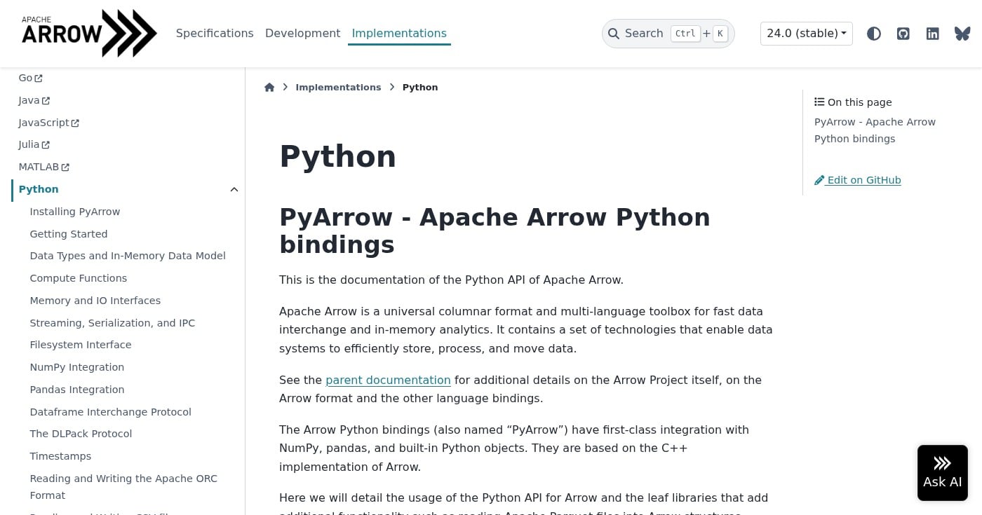 PyArrow documentation homepage