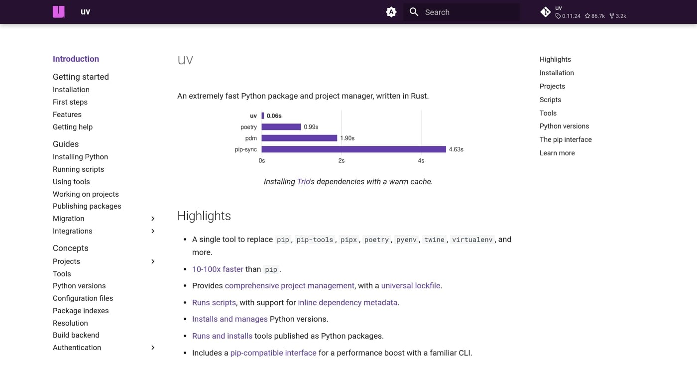 uv documentation homepage — Astral's unified Python package and project manager