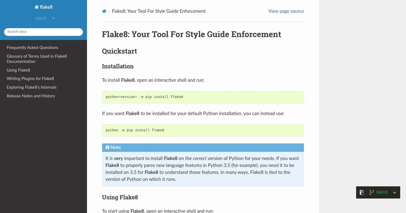 Flake8 documentation homepage