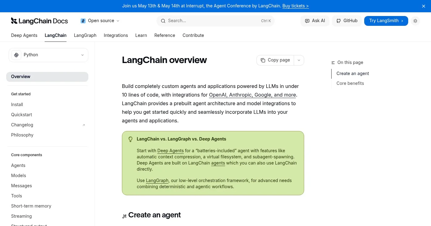 LangChain Python framework documentation interface