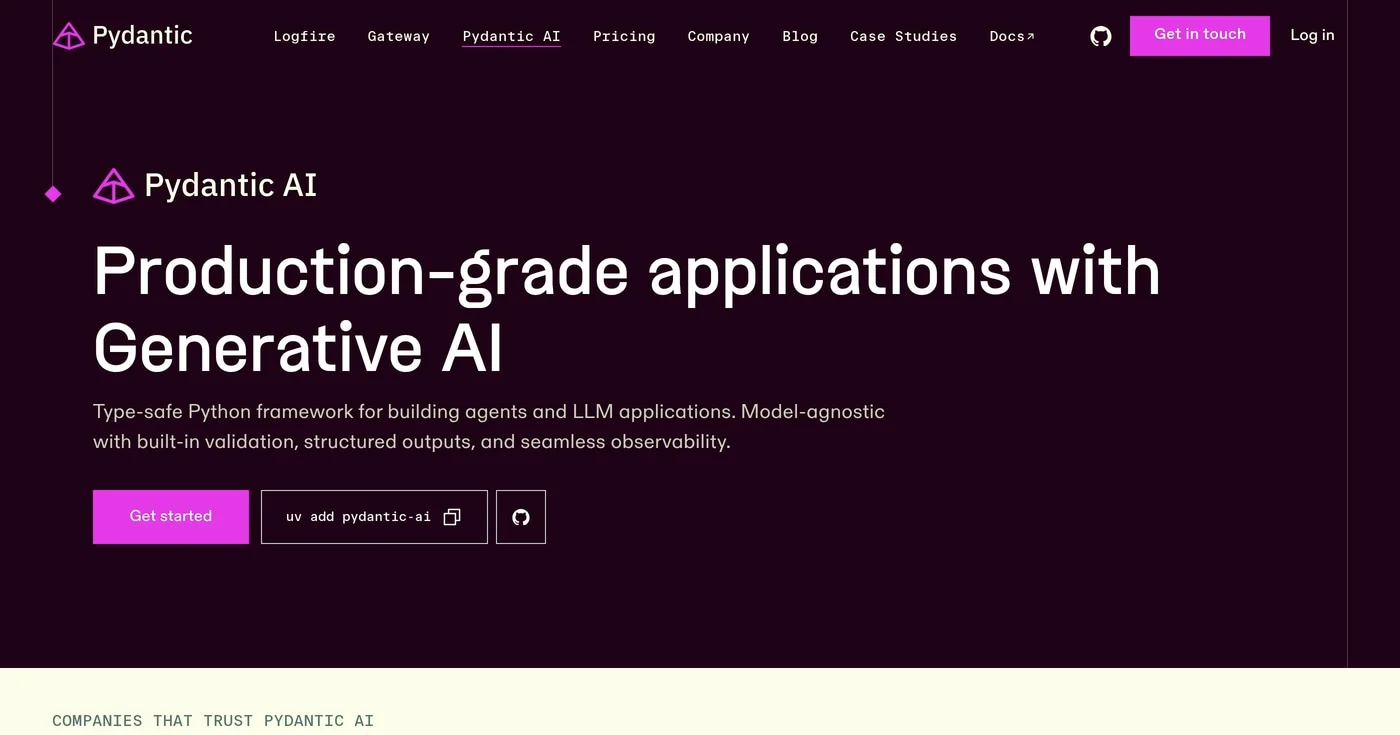 Pydantic AI homepage — type-safe Python agent framework