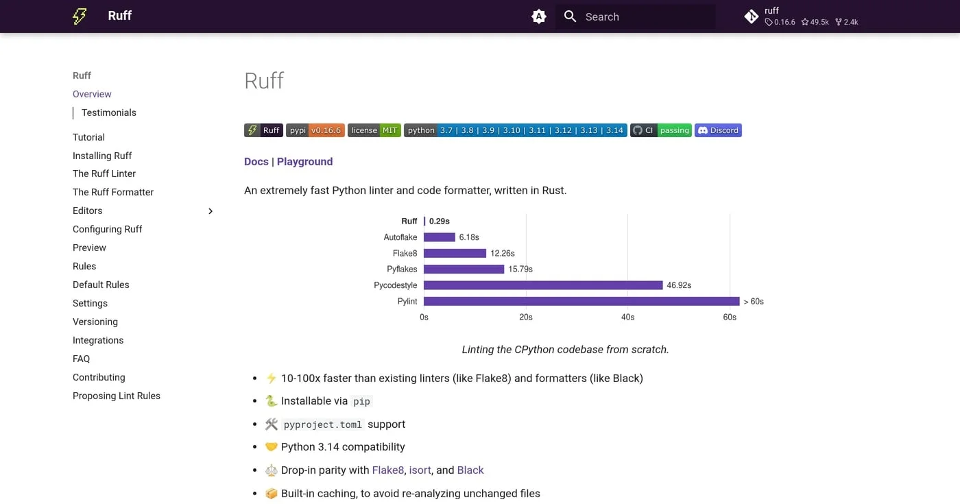 Ruff documentation homepage